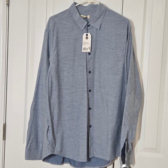 Folk Mens Button Up Shirt Blue Long Sleeve Elbow Patch NEW 6 XXL Business Casual - Picture 5 of 12